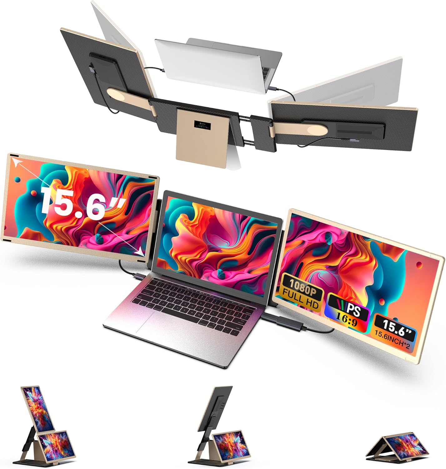 Kwumsy Écran Portable-15.6" Triple Moniteur Pour Ordinateur Portable, FHD 1080P Moniteur Portable Convient À Toutes Les Tailles Laptop Avec Parenthèses Rotatif 90°-235° & Plug and Play Pour Wins/Mac