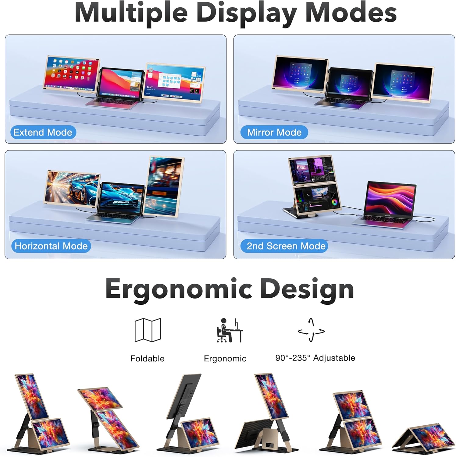 Kwumsy Écran Portable-15.6" Triple Moniteur Pour Ordinateur Portable, FHD 1080P Moniteur Portable Convient À Toutes Les Tailles Laptop Avec Parenthèses Rotatif 90°-235° & Plug and Play Pour Wins/Mac