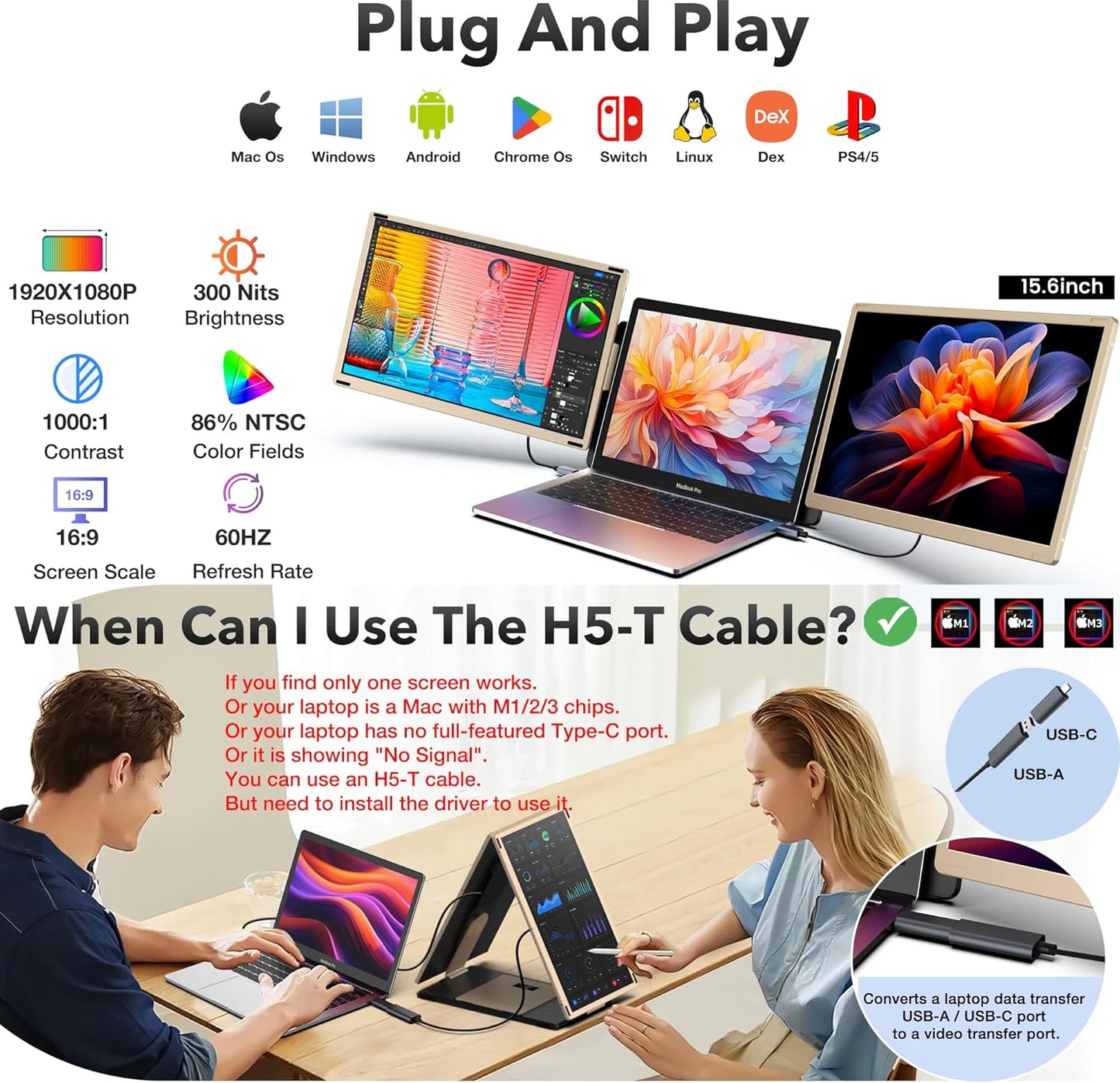 Kwumsy Écran Portable-15.6" Triple Moniteur Pour Ordinateur Portable, FHD 1080P Moniteur Portable Convient À Toutes Les Tailles Laptop Avec Parenthèses Rotatif 90°-235° & Plug and Play Pour Wins/Mac