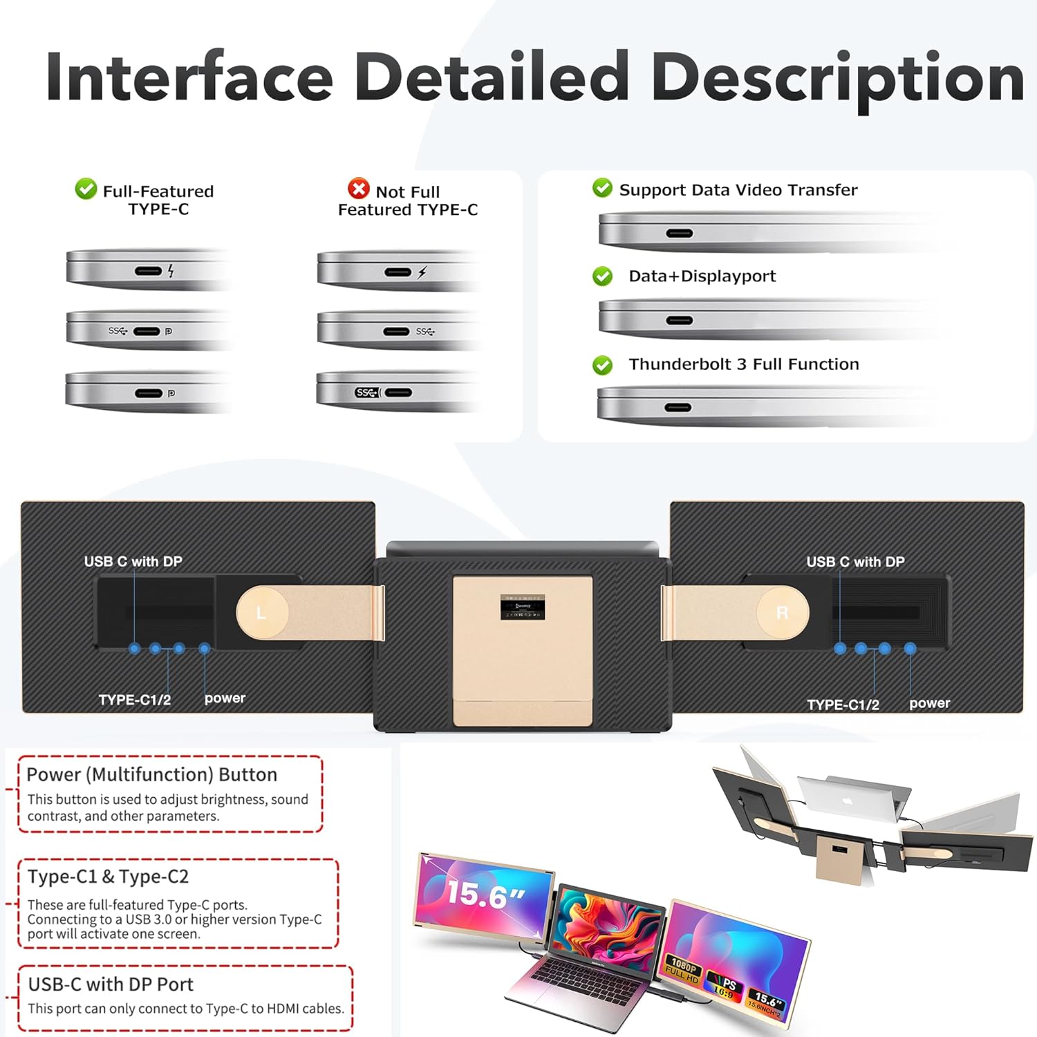 Kwumsy Écran Portable-15.6" Triple Moniteur Pour Ordinateur Portable, FHD 1080P Moniteur Portable Convient À Toutes Les Tailles Laptop Avec Parenthèses Rotatif 90°-235° & Plug and Play Pour Wins/Mac