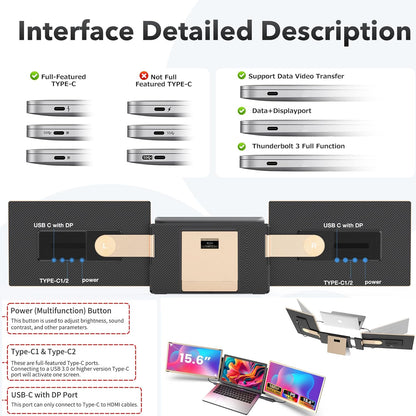 Kwumsy Écran Portable-15.6" Triple Moniteur Pour Ordinateur Portable, FHD 1080P Moniteur Portable Convient À Toutes Les Tailles Laptop Avec Parenthèses Rotatif 90°-235° & Plug and Play Pour Wins/Mac