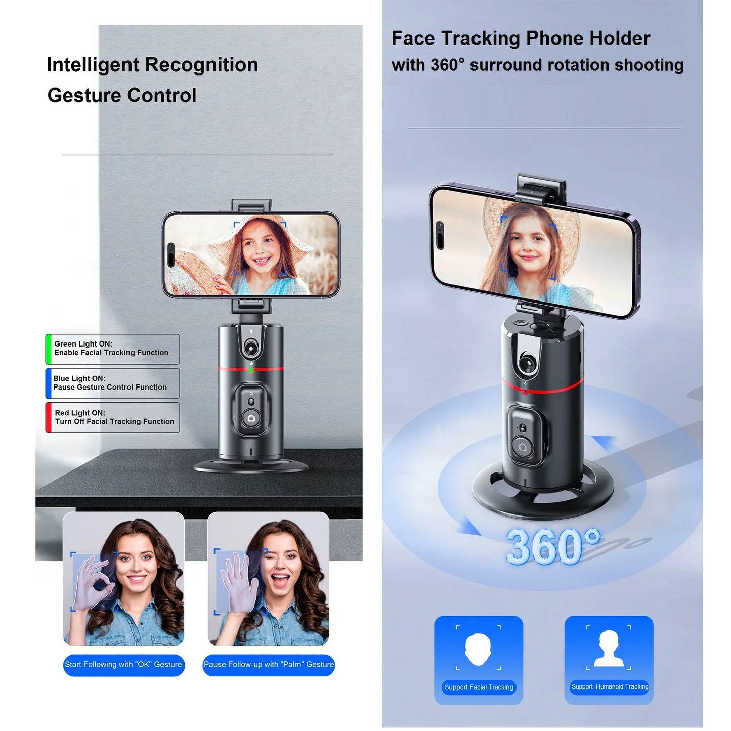 Auto Tracking Phone Holder Auto Face Tracking Tripod 360° Rotation, Smart AI Follow-Up Desktop Phone Stand for Video Vlog Selfie