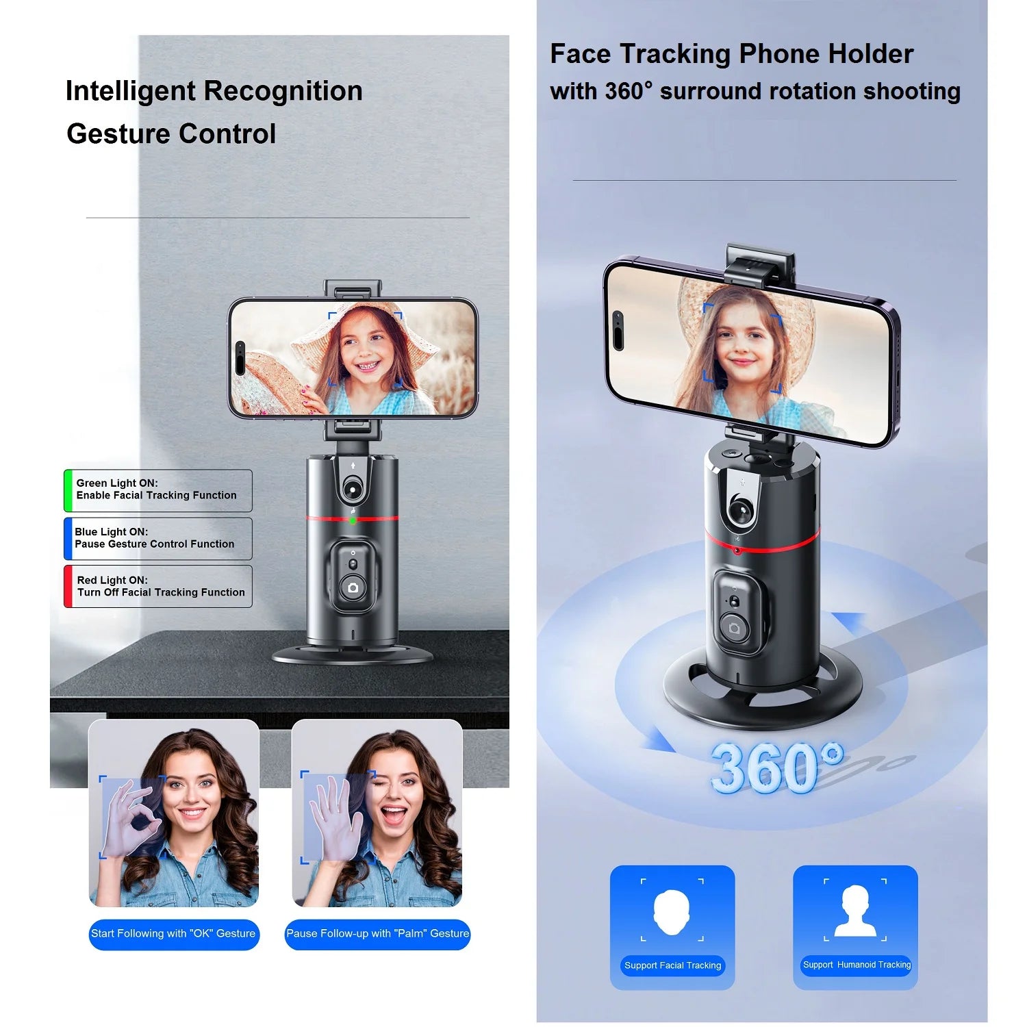 Auto Tracking Phone Holder Auto Face Tracking Tripod 360° Rotation, Smart AI Follow-Up Desktop Phone Stand for Video Vlog Selfie