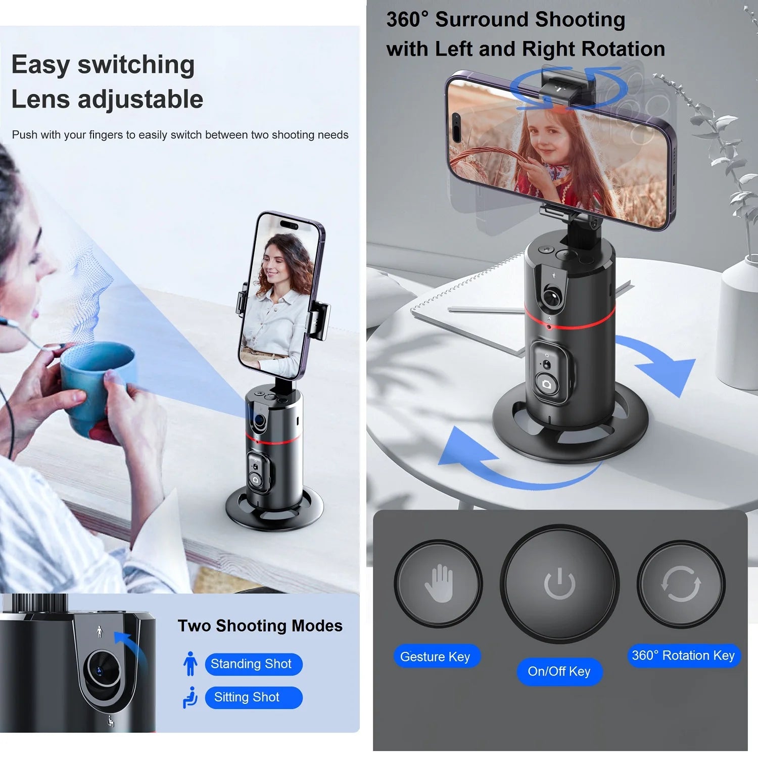 Auto Tracking Phone Holder Auto Face Tracking Tripod 360° Rotation, Smart AI Follow-Up Desktop Phone Stand for Video Vlog Selfie